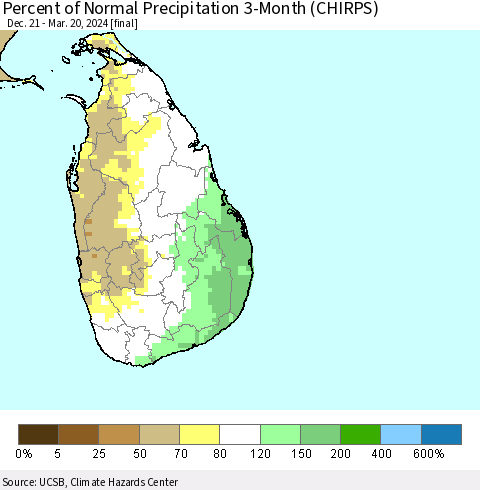 Sri Lanka Percent of Normal Precipitation 3-Month (CHIRPS) Thematic Map For 12/21/2023 - 3/20/2024