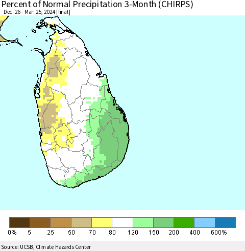 Sri Lanka Percent of Normal Precipitation 3-Month (CHIRPS) Thematic Map For 12/26/2023 - 3/25/2024