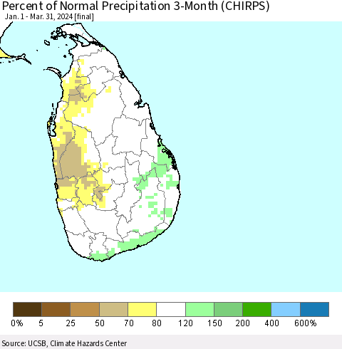 Sri Lanka Percent of Normal Precipitation 3-Month (CHIRPS) Thematic Map For 1/1/2024 - 3/31/2024