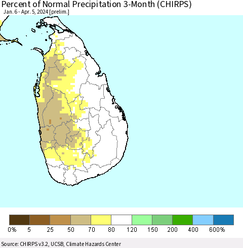 Sri Lanka Percent of Normal Precipitation 3-Month (CHIRPS) Thematic Map For 1/6/2024 - 4/5/2024