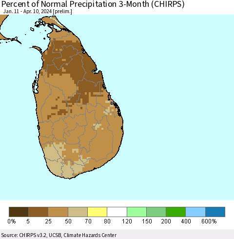 Sri Lanka Percent of Normal Precipitation 3-Month (CHIRPS) Thematic Map For 1/11/2024 - 4/10/2024