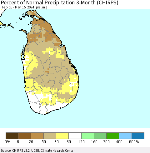 Sri Lanka Percent of Normal Precipitation 3-Month (CHIRPS) Thematic Map For 2/16/2024 - 5/15/2024