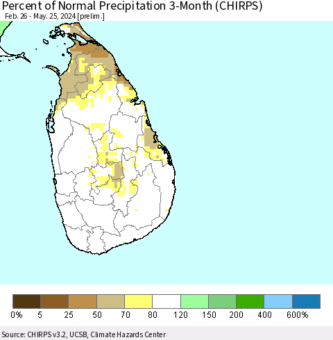 Sri Lanka Percent of Normal Precipitation 3-Month (CHIRPS) Thematic Map For 2/26/2024 - 5/25/2024