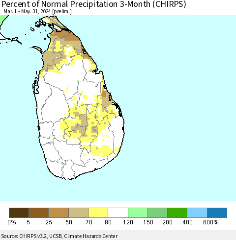 Sri Lanka Percent of Normal Precipitation 3-Month (CHIRPS) Thematic Map For 3/1/2024 - 5/31/2024