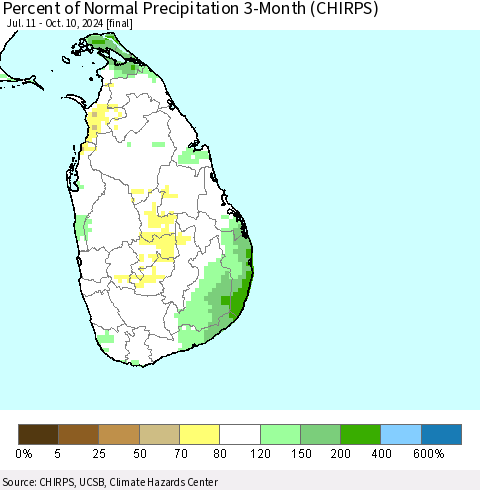 Sri Lanka Percent of Normal Precipitation 3-Month (CHIRPS) Thematic Map For 7/11/2024 - 10/10/2024
