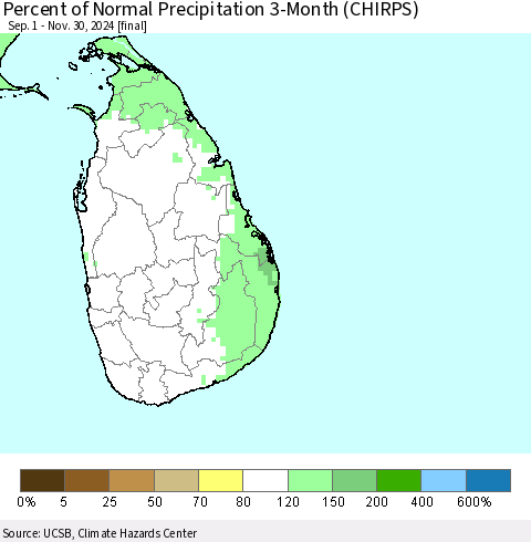 Sri Lanka Percent of Normal Precipitation 3-Month (CHIRPS) Thematic Map For 9/1/2024 - 11/30/2024