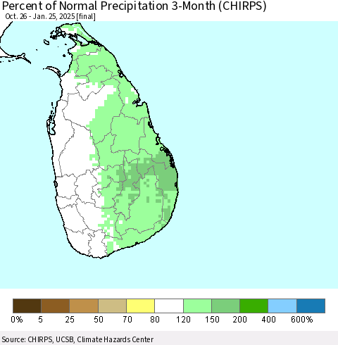 Sri Lanka Percent of Normal Precipitation 3-Month (CHIRPS) Thematic Map For 10/26/2024 - 1/25/2025