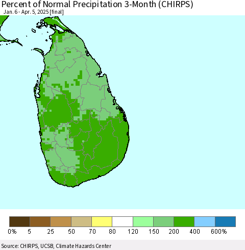 Sri Lanka Percent of Normal Precipitation 3-Month (CHIRPS) Thematic Map For 1/6/2025 - 4/5/2025