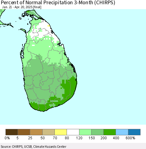 Sri Lanka Percent of Normal Precipitation 3-Month (CHIRPS) Thematic Map For 1/21/2025 - 4/20/2025