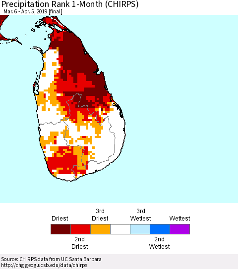 Sri Lanka Precipitation Rank since 1981, 1-Month (CHIRPS) Thematic Map For 3/6/2019 - 4/5/2019