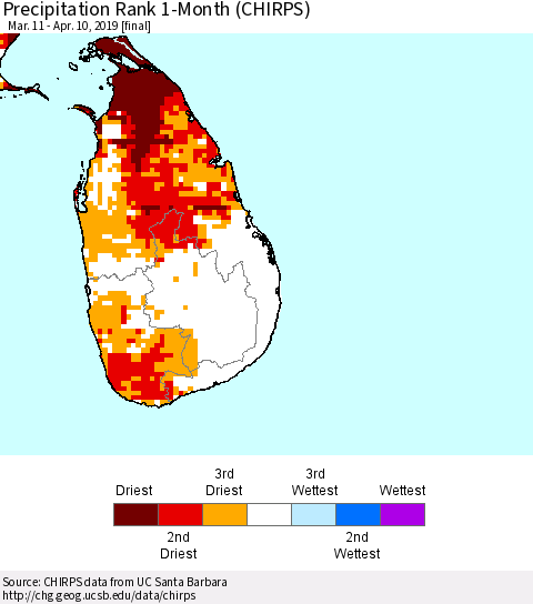 Sri Lanka Precipitation Rank since 1981, 1-Month (CHIRPS) Thematic Map For 3/11/2019 - 4/10/2019