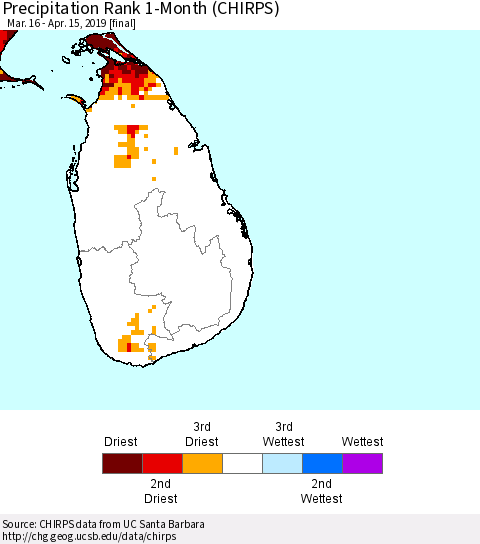 Sri Lanka Precipitation Rank since 1981, 1-Month (CHIRPS) Thematic Map For 3/16/2019 - 4/15/2019