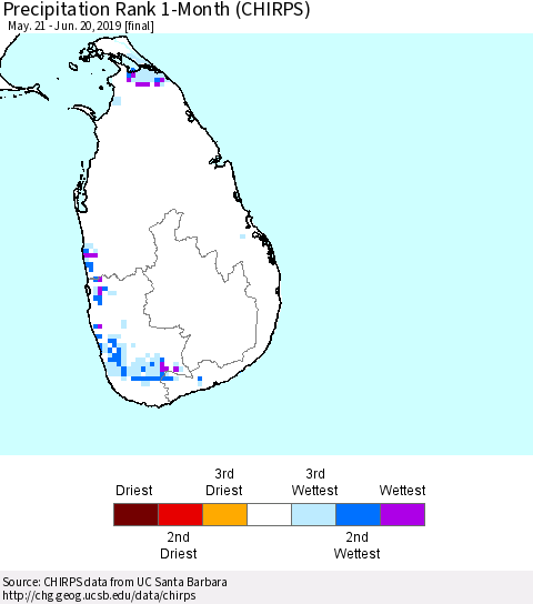 Sri Lanka Precipitation Rank since 1981, 1-Month (CHIRPS) Thematic Map For 5/21/2019 - 6/20/2019
