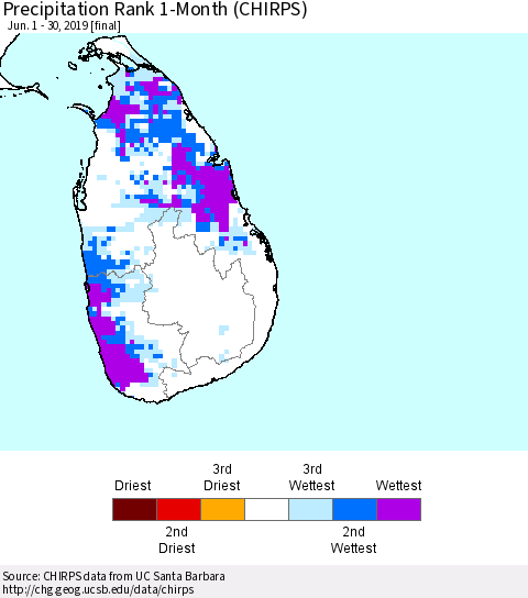 Sri Lanka Precipitation Rank 1-Month (CHIRPS) Thematic Map For 6/1/2019 - 6/30/2019
