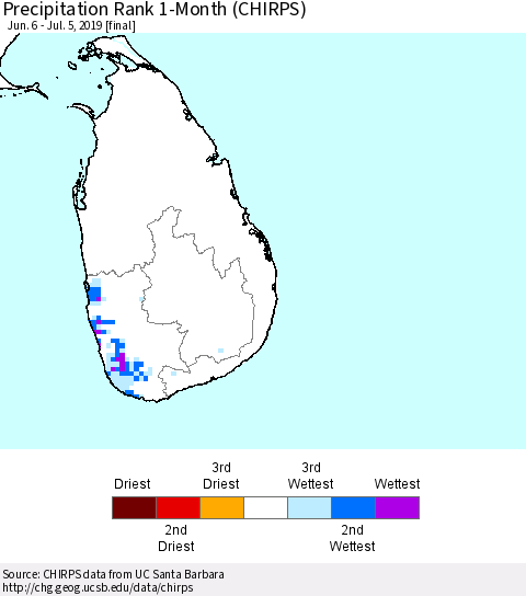 Sri Lanka Precipitation Rank 1-Month (CHIRPS) Thematic Map For 6/6/2019 - 7/5/2019
