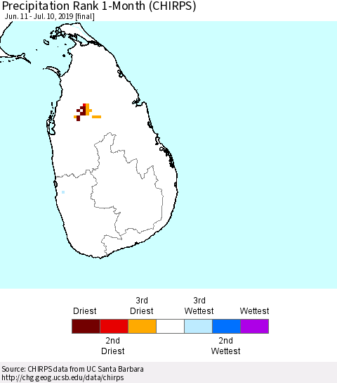 Sri Lanka Precipitation Rank since 1981, 1-Month (CHIRPS) Thematic Map For 6/11/2019 - 7/10/2019