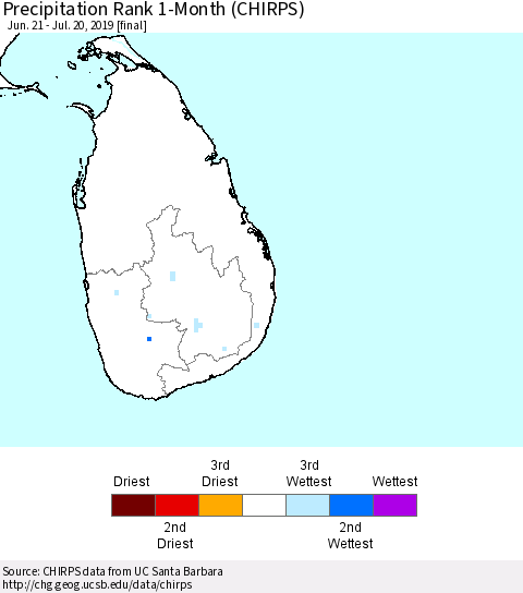 Sri Lanka Precipitation Rank 1-Month (CHIRPS) Thematic Map For 6/21/2019 - 7/20/2019