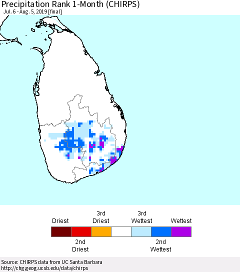 Sri Lanka Precipitation Rank 1-Month (CHIRPS) Thematic Map For 7/6/2019 - 8/5/2019