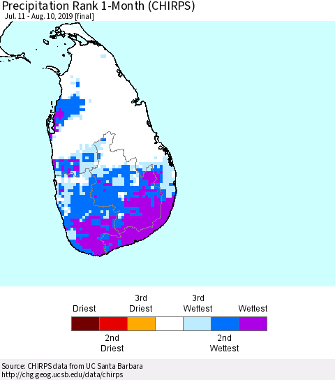 Sri Lanka Precipitation Rank 1-Month (CHIRPS) Thematic Map For 7/11/2019 - 8/10/2019