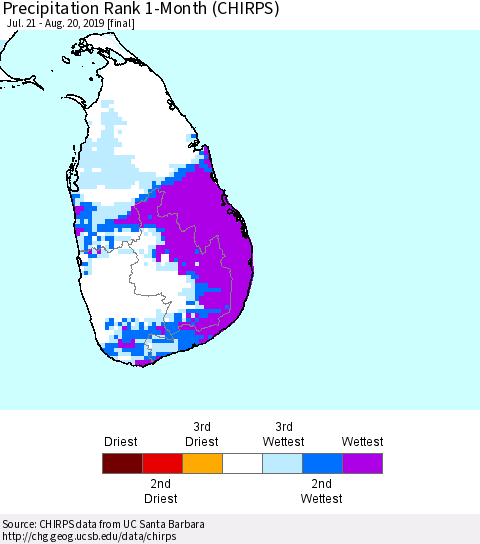 Sri Lanka Precipitation Rank 1-Month (CHIRPS) Thematic Map For 7/21/2019 - 8/20/2019