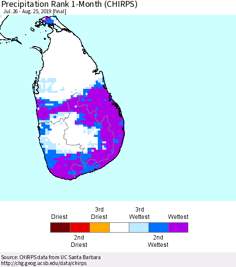 Sri Lanka Precipitation Rank 1-Month (CHIRPS) Thematic Map For 7/26/2019 - 8/25/2019