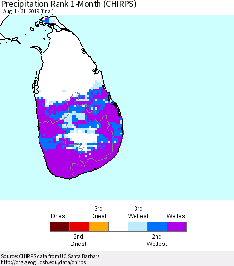 Sri Lanka Precipitation Rank 1-Month (CHIRPS) Thematic Map For 8/1/2019 - 8/31/2019