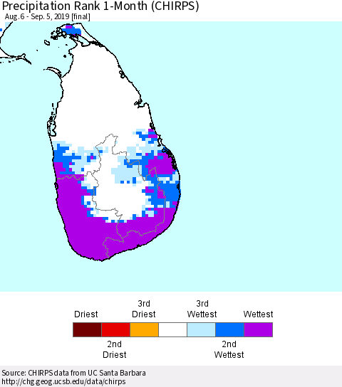 Sri Lanka Precipitation Rank since 1981, 1-Month (CHIRPS) Thematic Map For 8/6/2019 - 9/5/2019