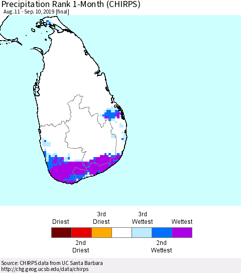 Sri Lanka Precipitation Rank since 1981, 1-Month (CHIRPS) Thematic Map For 8/11/2019 - 9/10/2019