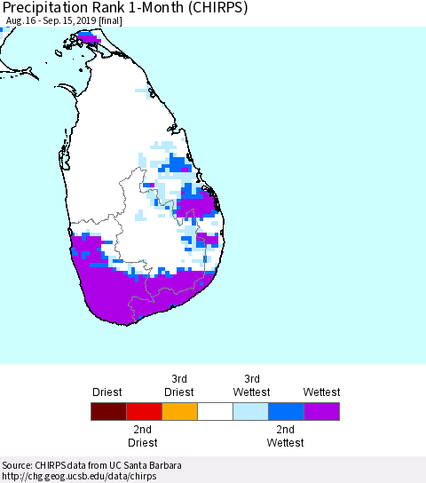 Sri Lanka Precipitation Rank since 1981, 1-Month (CHIRPS) Thematic Map For 8/16/2019 - 9/15/2019