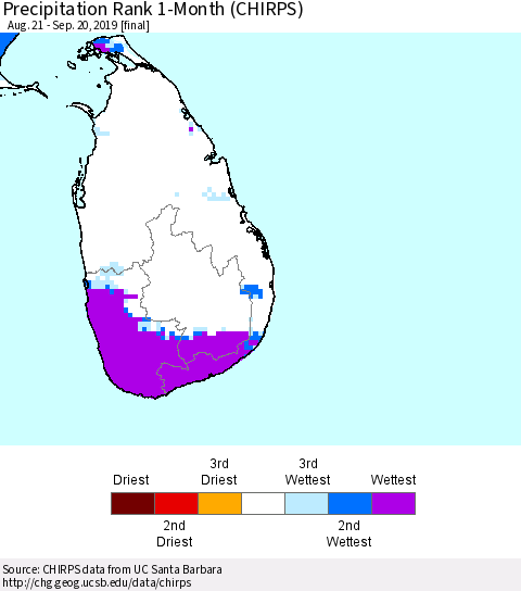Sri Lanka Precipitation Rank 1-Month (CHIRPS) Thematic Map For 8/21/2019 - 9/20/2019