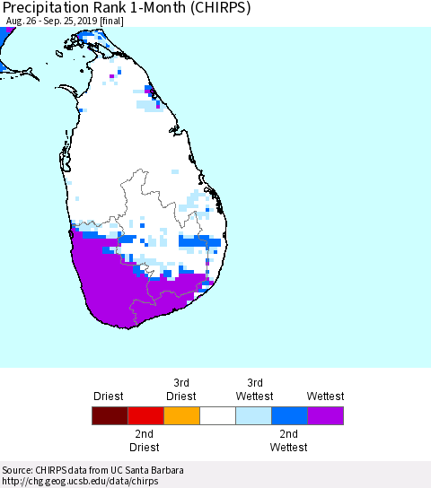 Sri Lanka Precipitation Rank 1-Month (CHIRPS) Thematic Map For 8/26/2019 - 9/25/2019