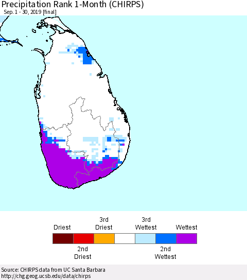 Sri Lanka Precipitation Rank 1-Month (CHIRPS) Thematic Map For 9/1/2019 - 9/30/2019