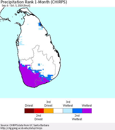 Sri Lanka Precipitation Rank 1-Month (CHIRPS) Thematic Map For 9/6/2019 - 10/5/2019
