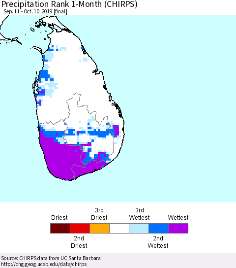 Sri Lanka Precipitation Rank 1-Month (CHIRPS) Thematic Map For 9/11/2019 - 10/10/2019