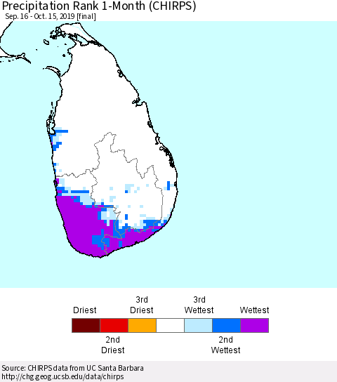 Sri Lanka Precipitation Rank 1-Month (CHIRPS) Thematic Map For 9/16/2019 - 10/15/2019