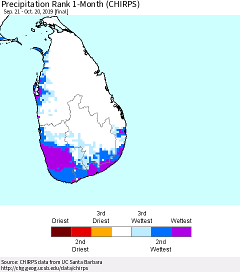 Sri Lanka Precipitation Rank 1-Month (CHIRPS) Thematic Map For 9/21/2019 - 10/20/2019
