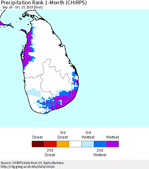 Sri Lanka Precipitation Rank 1-Month (CHIRPS) Thematic Map For 9/26/2019 - 10/25/2019