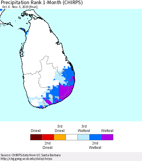 Sri Lanka Precipitation Rank since 1981, 1-Month (CHIRPS) Thematic Map For 10/6/2019 - 11/5/2019