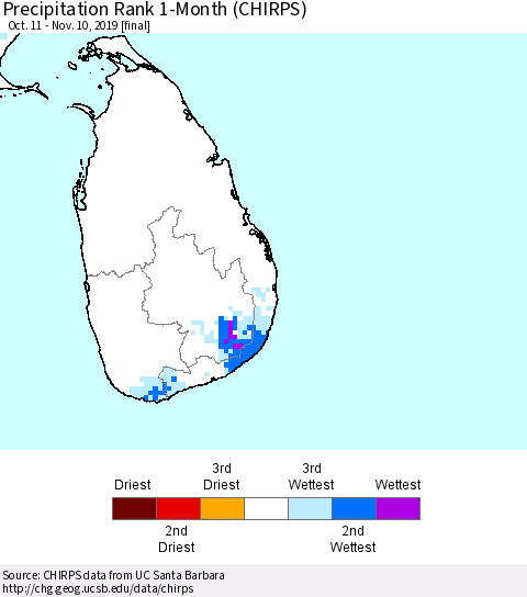 Sri Lanka Precipitation Rank since 1981, 1-Month (CHIRPS) Thematic Map For 10/11/2019 - 11/10/2019