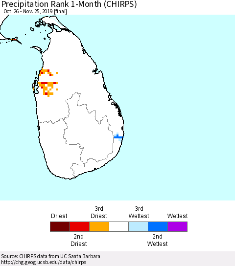 Sri Lanka Precipitation Rank since 1981, 1-Month (CHIRPS) Thematic Map For 10/26/2019 - 11/25/2019