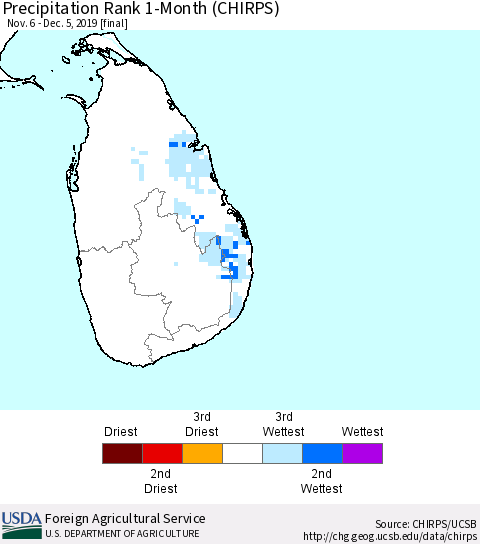 Sri Lanka Precipitation Rank 1-Month (CHIRPS) Thematic Map For 11/6/2019 - 12/5/2019