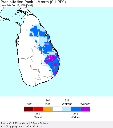 Sri Lanka Precipitation Rank since 1981, 1-Month (CHIRPS) Thematic Map For 11/16/2019 - 12/15/2019