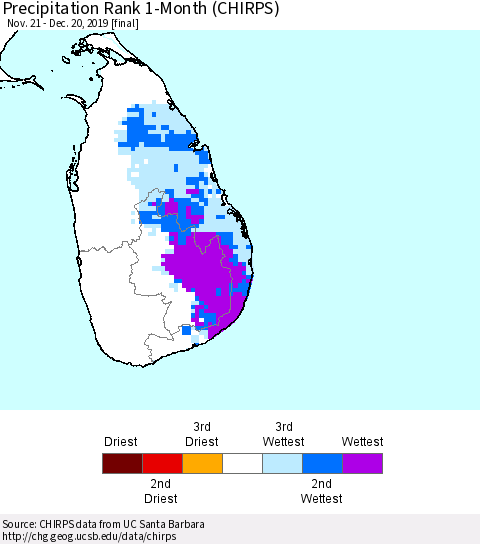 Sri Lanka Precipitation Rank since 1981, 1-Month (CHIRPS) Thematic Map For 11/21/2019 - 12/20/2019