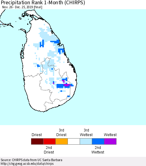 Sri Lanka Precipitation Rank since 1981, 1-Month (CHIRPS) Thematic Map For 11/26/2019 - 12/25/2019