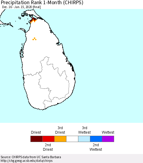 Sri Lanka Precipitation Rank 1-Month (CHIRPS) Thematic Map For 12/16/2019 - 1/15/2020