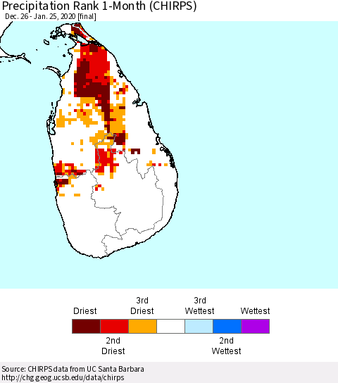Sri Lanka Precipitation Rank 1-Month (CHIRPS) Thematic Map For 12/26/2019 - 1/25/2020