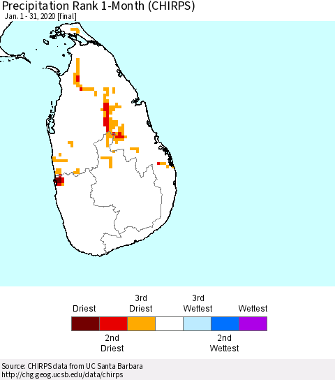 Sri Lanka Precipitation Rank 1-Month (CHIRPS) Thematic Map For 1/1/2020 - 1/31/2020