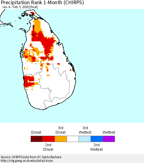 Sri Lanka Precipitation Rank 1-Month (CHIRPS) Thematic Map For 1/6/2020 - 2/5/2020