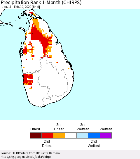 Sri Lanka Precipitation Rank since 1981, 1-Month (CHIRPS) Thematic Map For 1/11/2020 - 2/10/2020