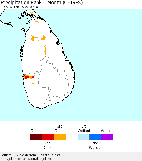 Sri Lanka Precipitation Rank since 1981, 1-Month (CHIRPS) Thematic Map For 1/16/2020 - 2/15/2020